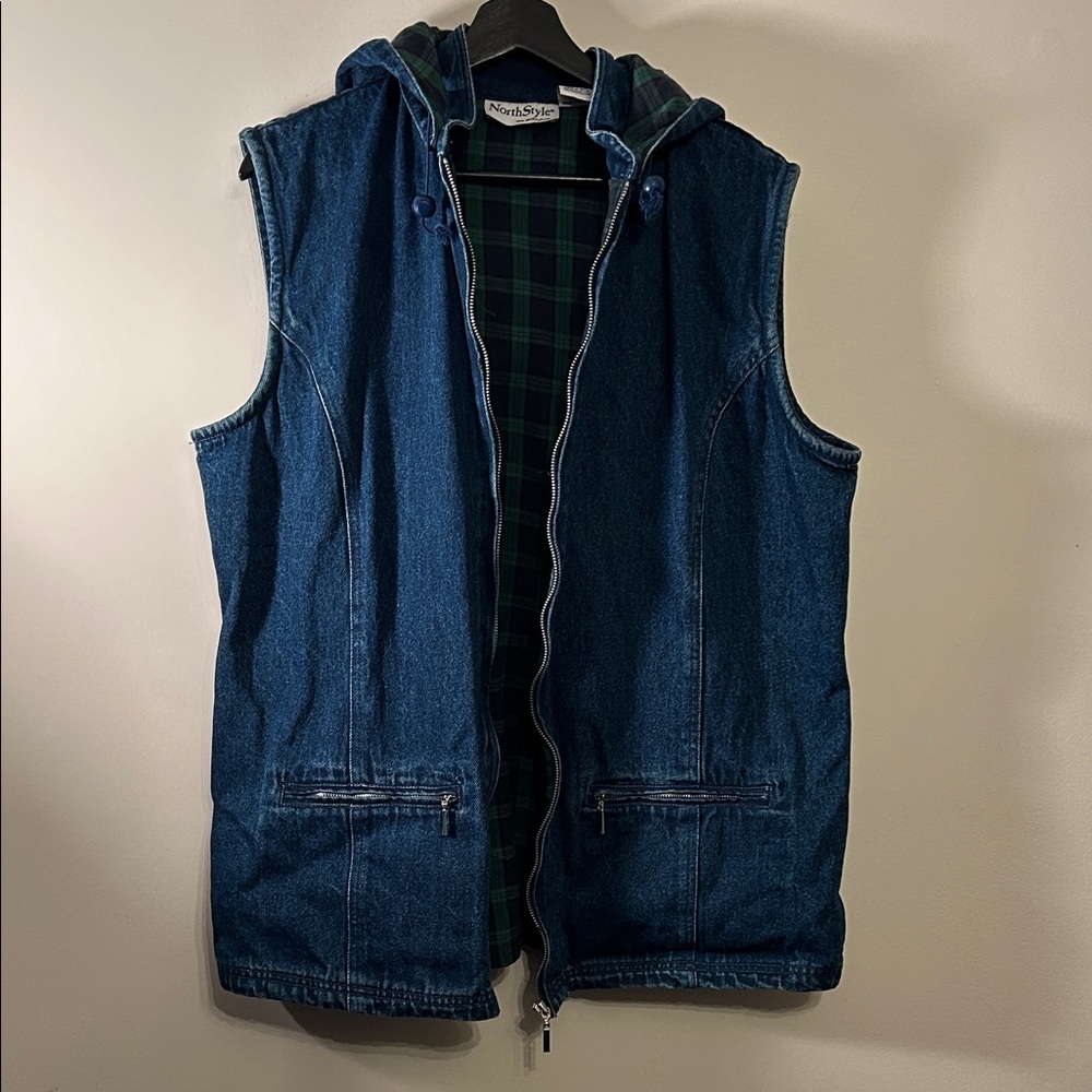 NorthStyle Blue Denim Vest with Green Plaid Flannel Lining